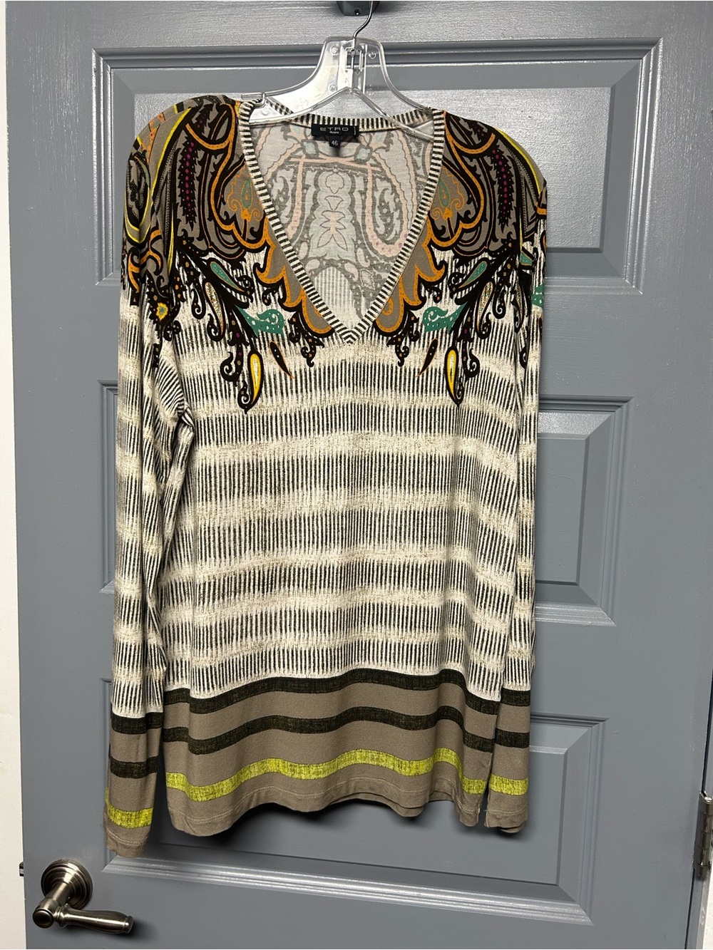 ETRO MILANO LONG V-Neck rayon(?) knit pullover. Size 46. Floral/paisley/stripe
